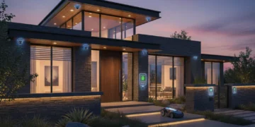 Modern home with integrated smart security system, cameras, and smart lighting at dusk
