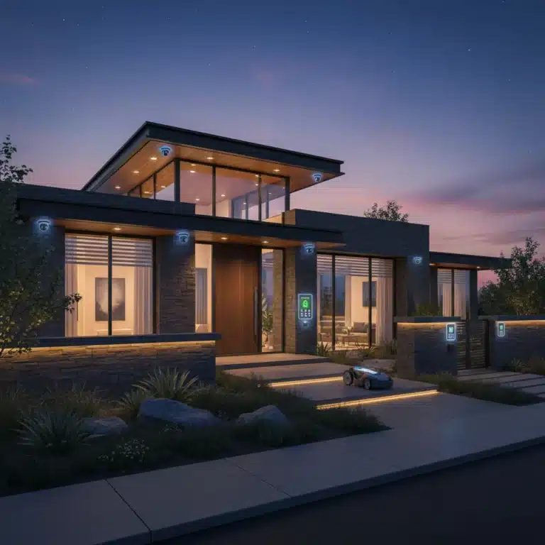 Modern home with integrated smart security system, cameras, and smart lighting at dusk