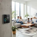 Modern smart thermostat displaying energy savings