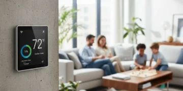 Modern smart thermostat displaying energy savings