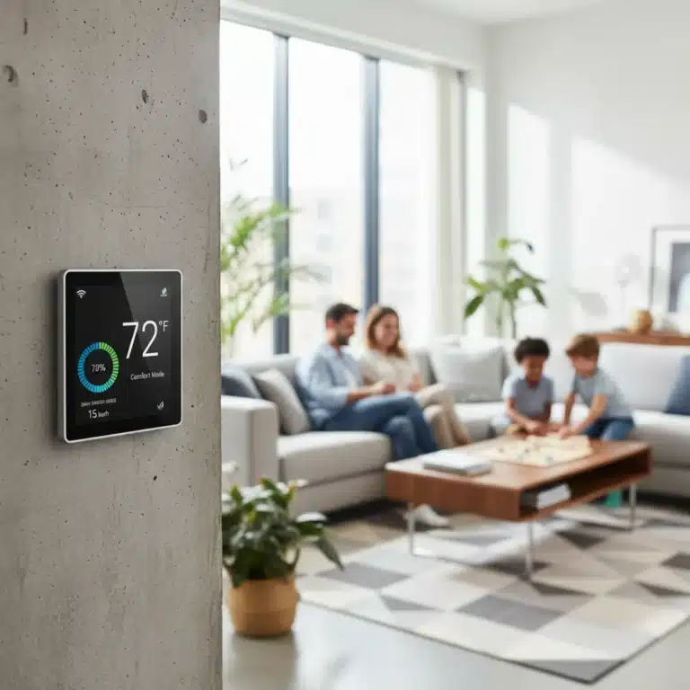 Modern smart thermostat displaying energy savings