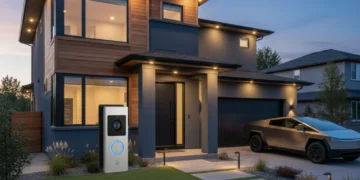Modern US home with smart security doorbell and subtle lighting at dusk