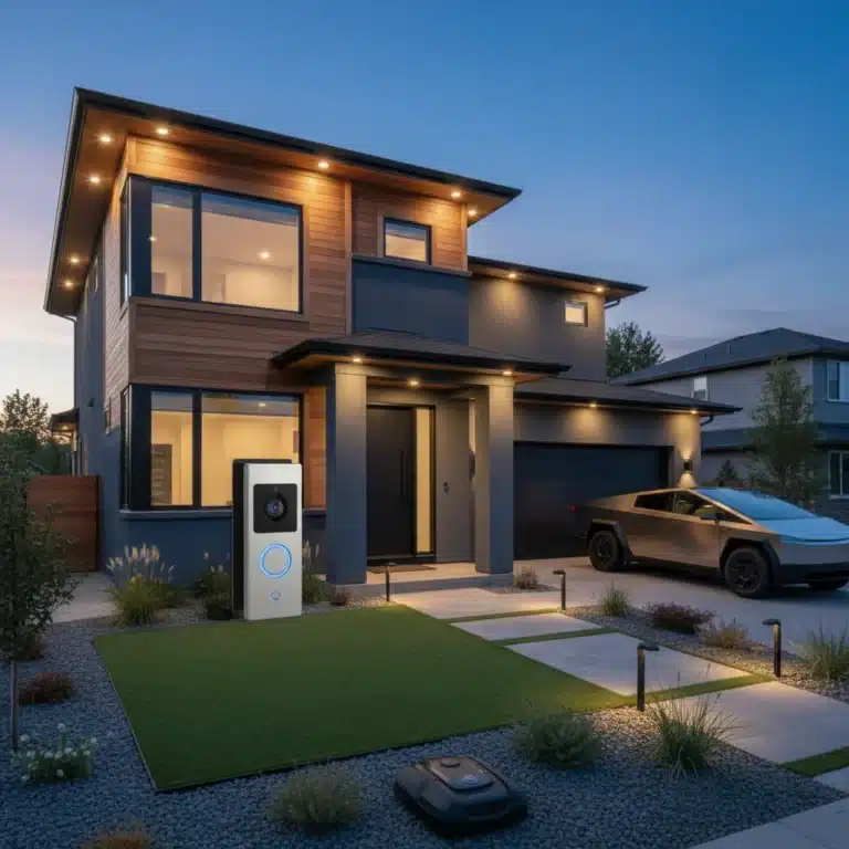 Modern US home with smart security doorbell and subtle lighting at dusk