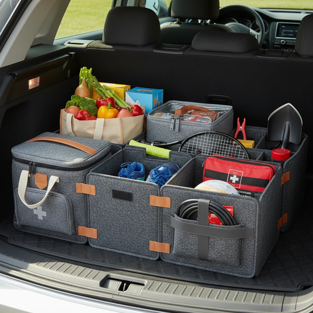 Modular car trunk organizer for groceries and equipment, promoting vehicle organization and efficiency.