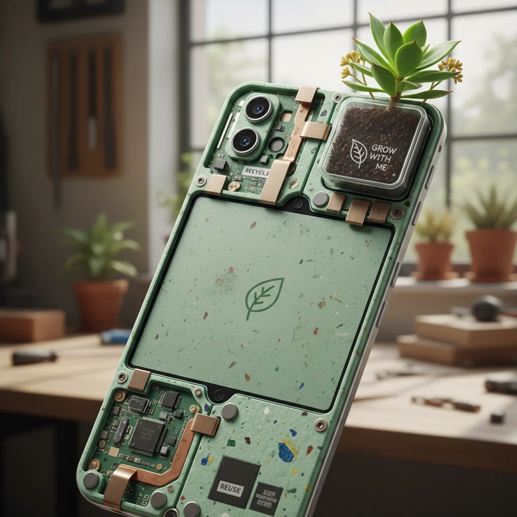 Modular smartphone with recycled components and integrated plant.