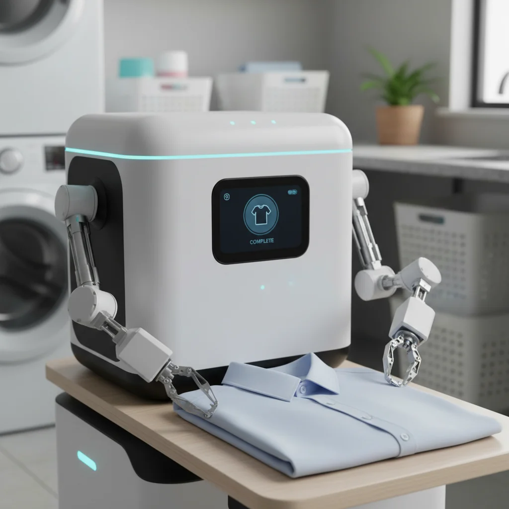 Compact multi-functional laundry robot precisely folding a shirt in a modern laundry room.