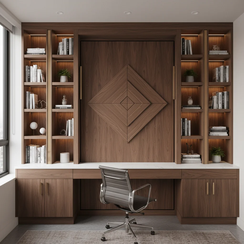 Murphy bed with integrated desk and shelving