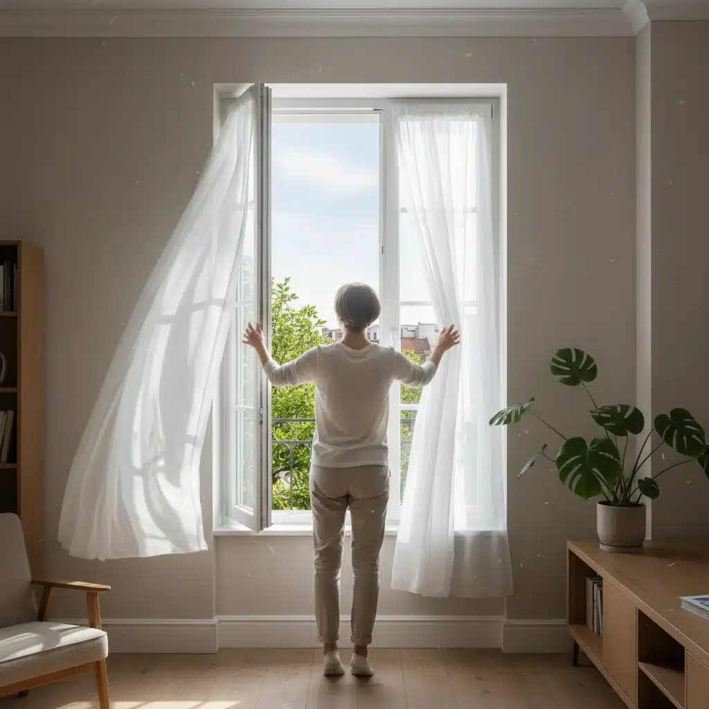 Person opening window for natural ventilation, fresh air entering a bright room.