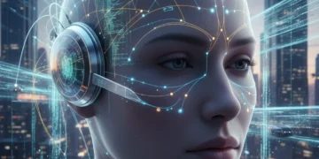 Futuristic human head with neural interface device, data streams in background.