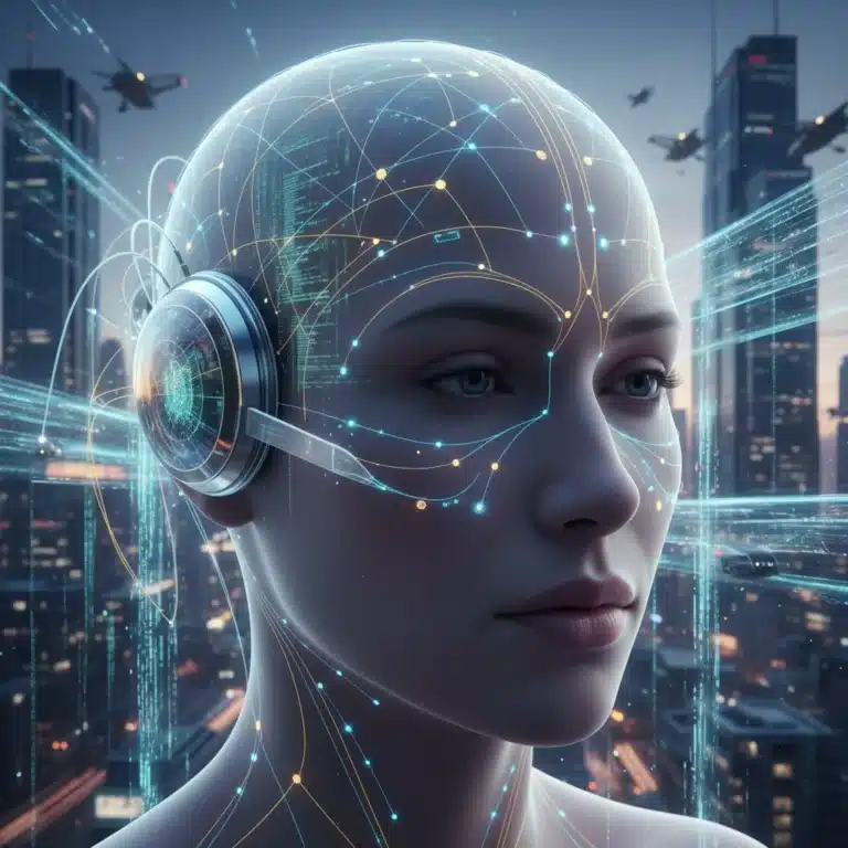 Futuristic human head with neural interface device, data streams in background.