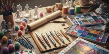 Variety of niche hobby products displayed on a table, including miniature figures, fountain pens, and diamond painting equipment.