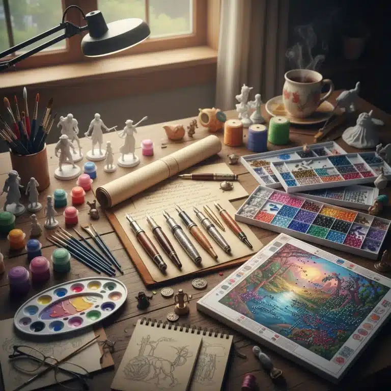 Variety of niche hobby products displayed on a table, including miniature figures, fountain pens, and diamond painting equipment.
