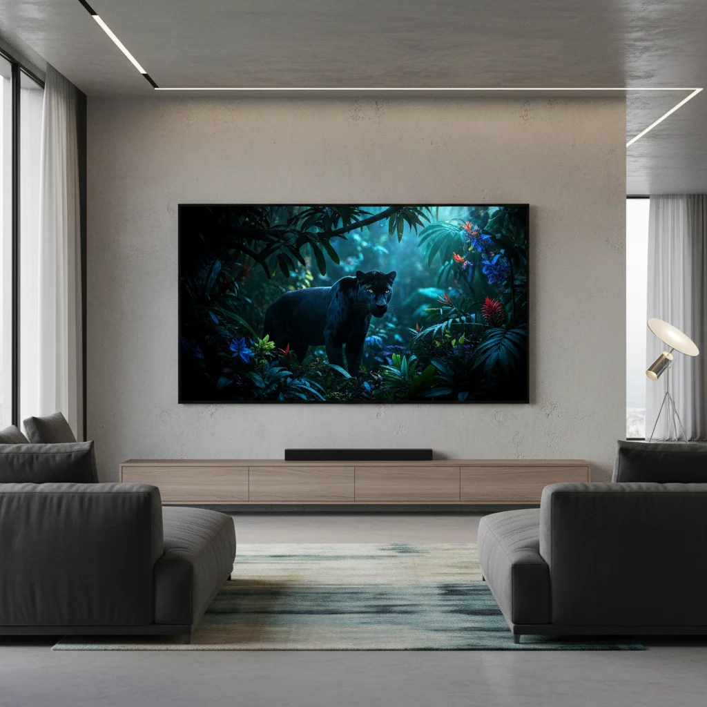 Thin OLED TV showcasing deep blacks and vibrant colors in a modern living room