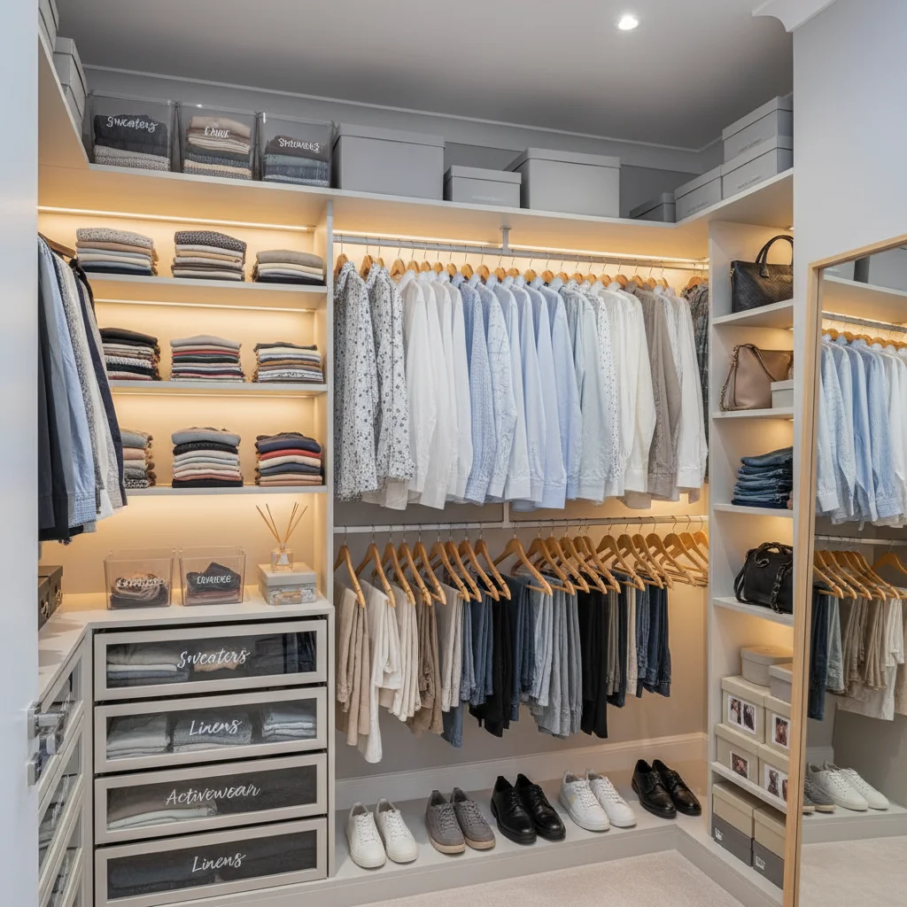 Organized bedroom closet with folded clothes and storage bins