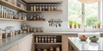 Organized kitchen interior with clear containers and minimalist design