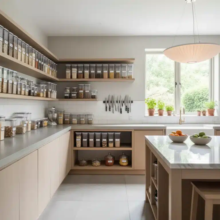 Organized kitchen interior with clear containers and minimalist design