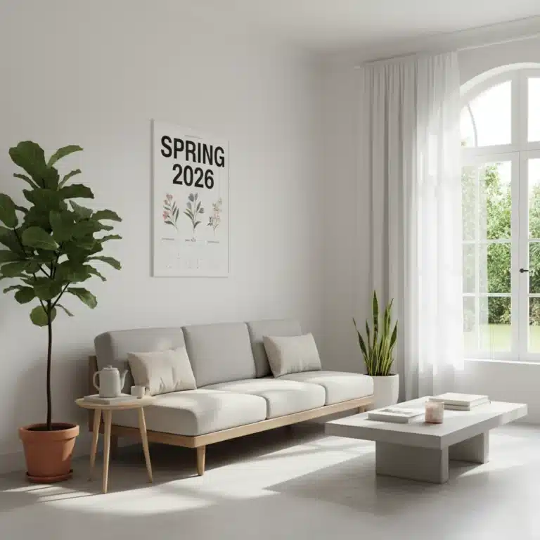 Organized minimalist living room, declutter challenge success