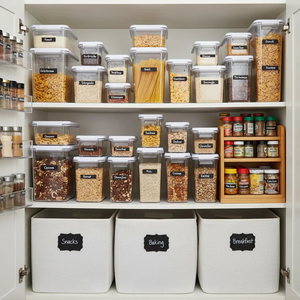 Organized pantry with clear containers and shelf risers
