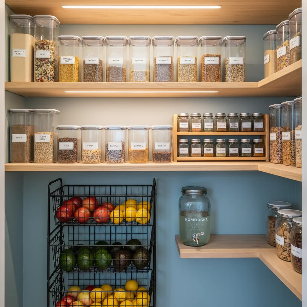Pantry with clear containers, labels, and vertical storage solutions