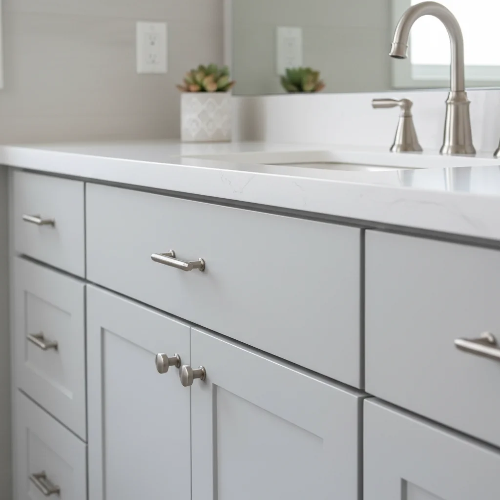 Freshly painted bathroom vanity with new hardware