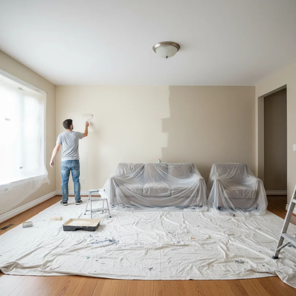 Person painting a living room wall with a roller for a fresh look