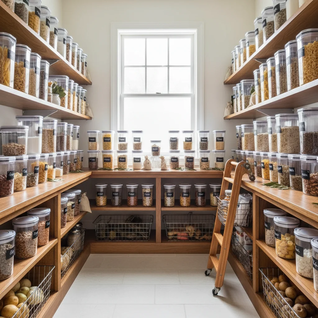 Organized pantry with airtight food storage and natural repellents