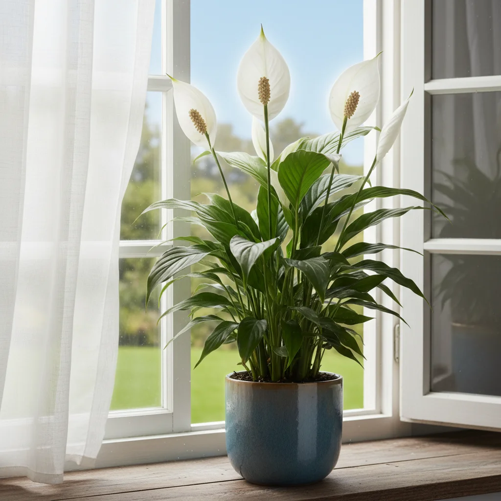 Close-up of a Peace Lily, a popular air-purifying plant, with its white flowers and green leaves.