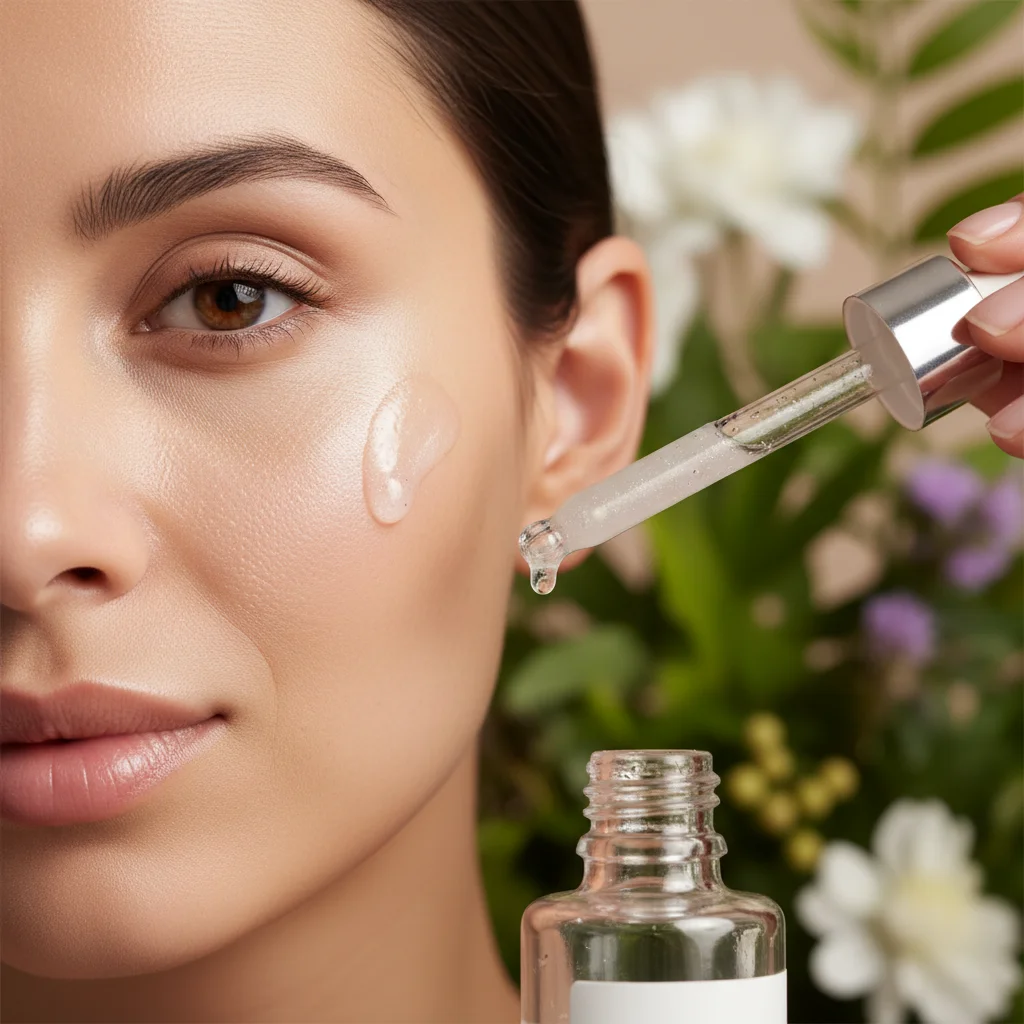 Woman applying peptide serum to her face for skin rejuvenation and anti-aging benefits.