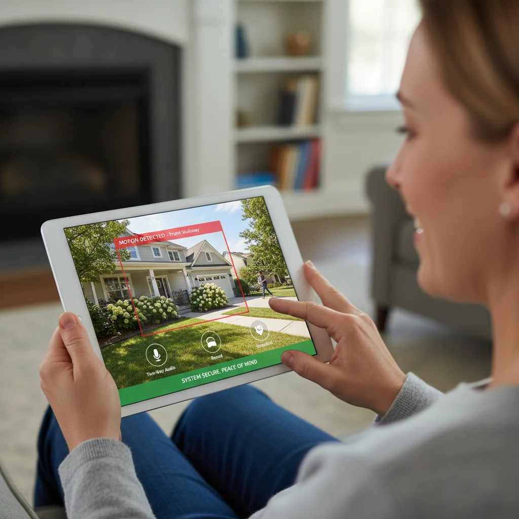 Person monitoring home security camera feed on a tablet.