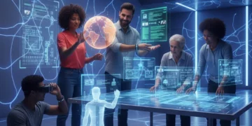 Futuristic scene of people interacting with personalized AI assistants, smart devices, and holographic interfaces.
