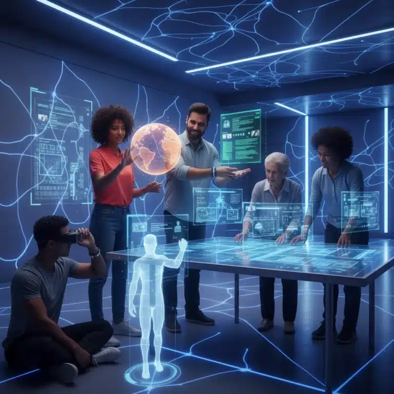 Futuristic scene of people interacting with personalized AI assistants, smart devices, and holographic interfaces.