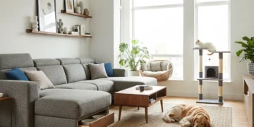 Stylish pet-friendly living room with durable furniture and integrated pet amenities