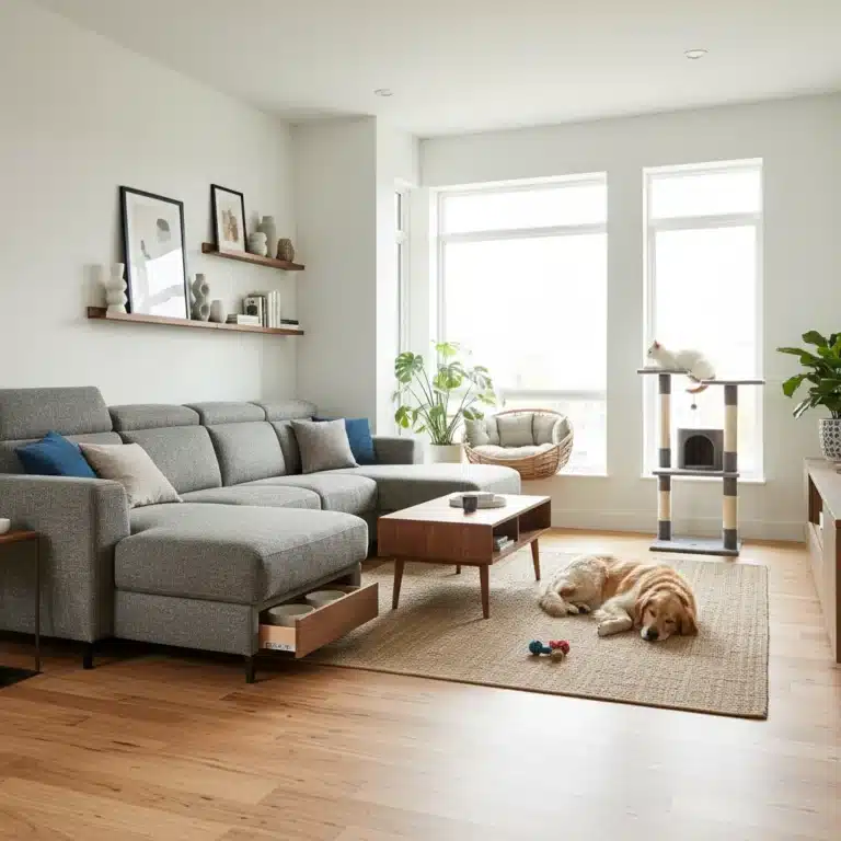 Stylish pet-friendly living room with durable furniture and integrated pet amenities