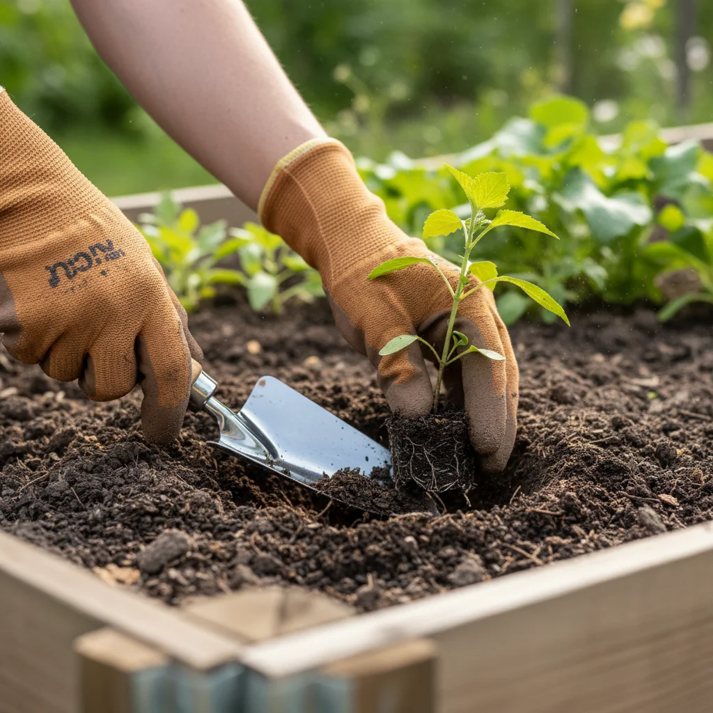 Gardener planting a seedling with a hand trowel in rich soil