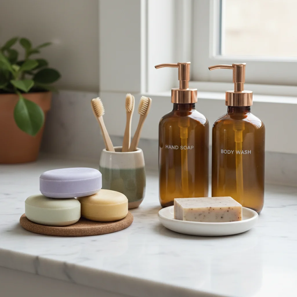 Plastic-free bathroom essentials like shampoo bars and bamboo toothbrushes