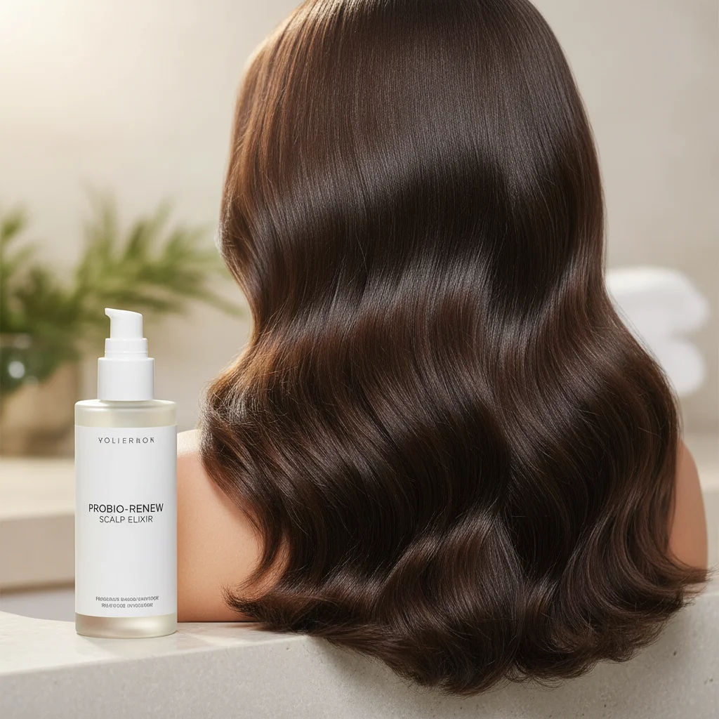 Probiotic scalp treatment bottle next to healthy, shiny hair, emphasizing scalp health.