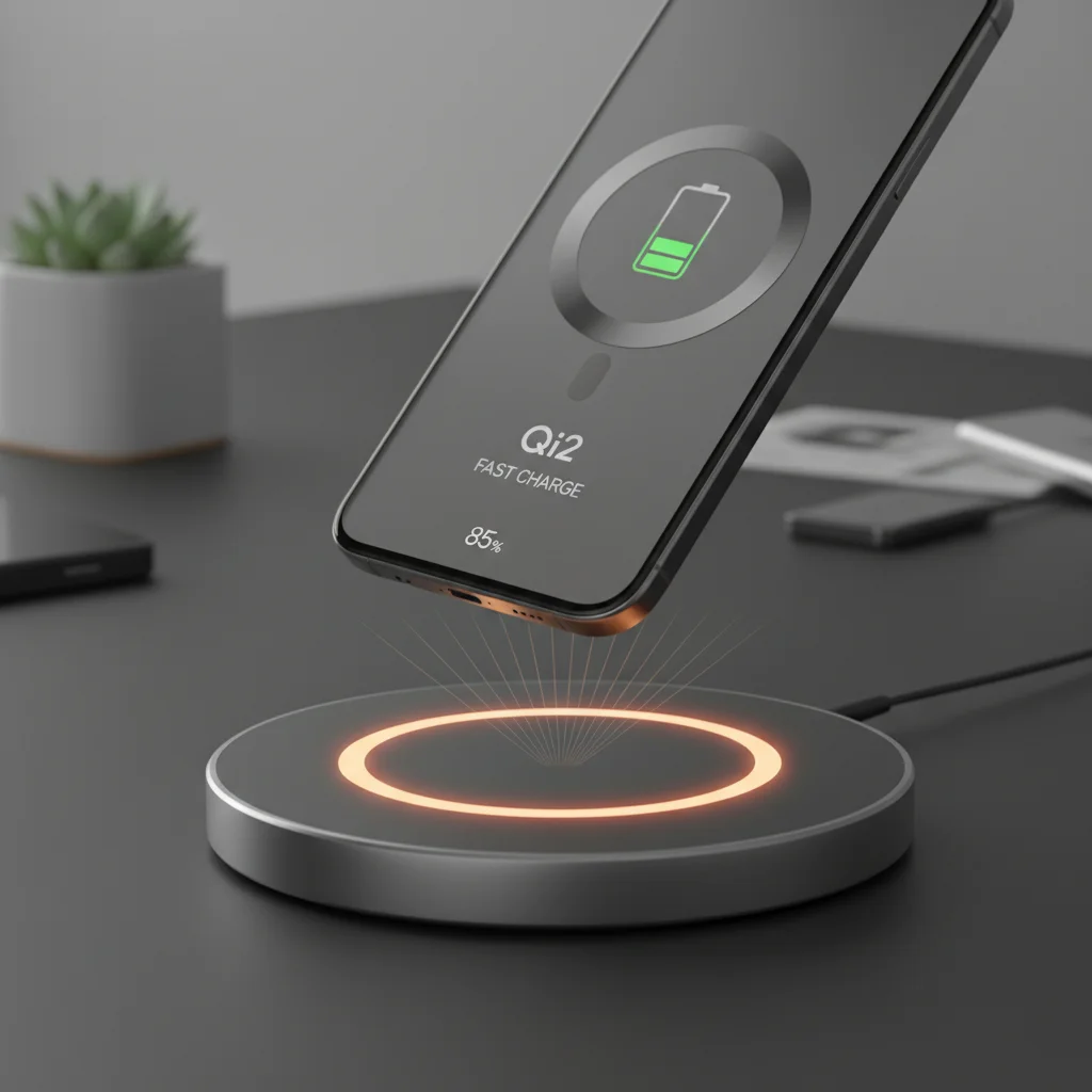 Smartphone securely aligning with a Qi2 wireless charging pad, illustrating magnetic resonance charging.