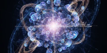 Abstract representation of quantum computing with glowing nodes and complex connections