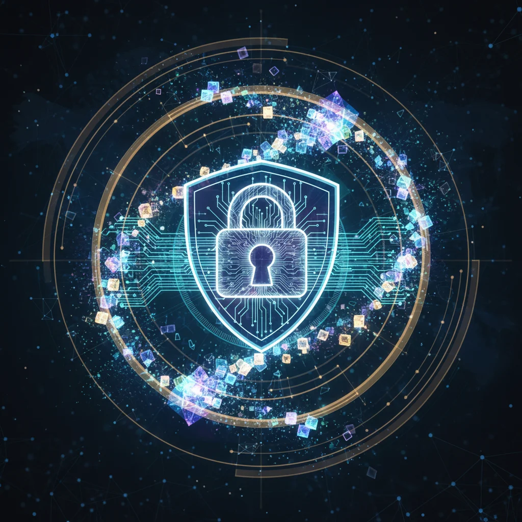 Quantum encryption securing digital data with glowing pathways and a strong lock icon