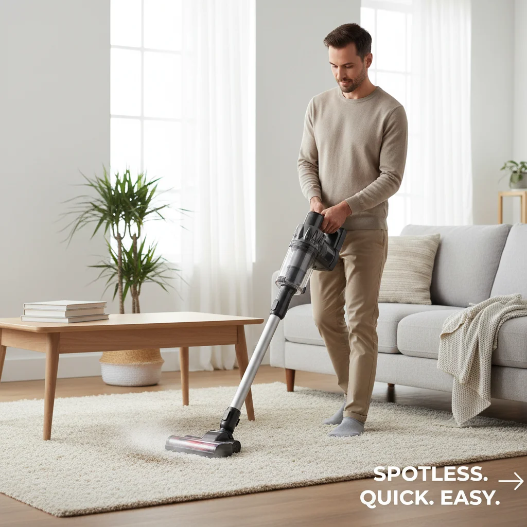 Person quickly vacuuming living room floor for efficient daily spot cleaning.