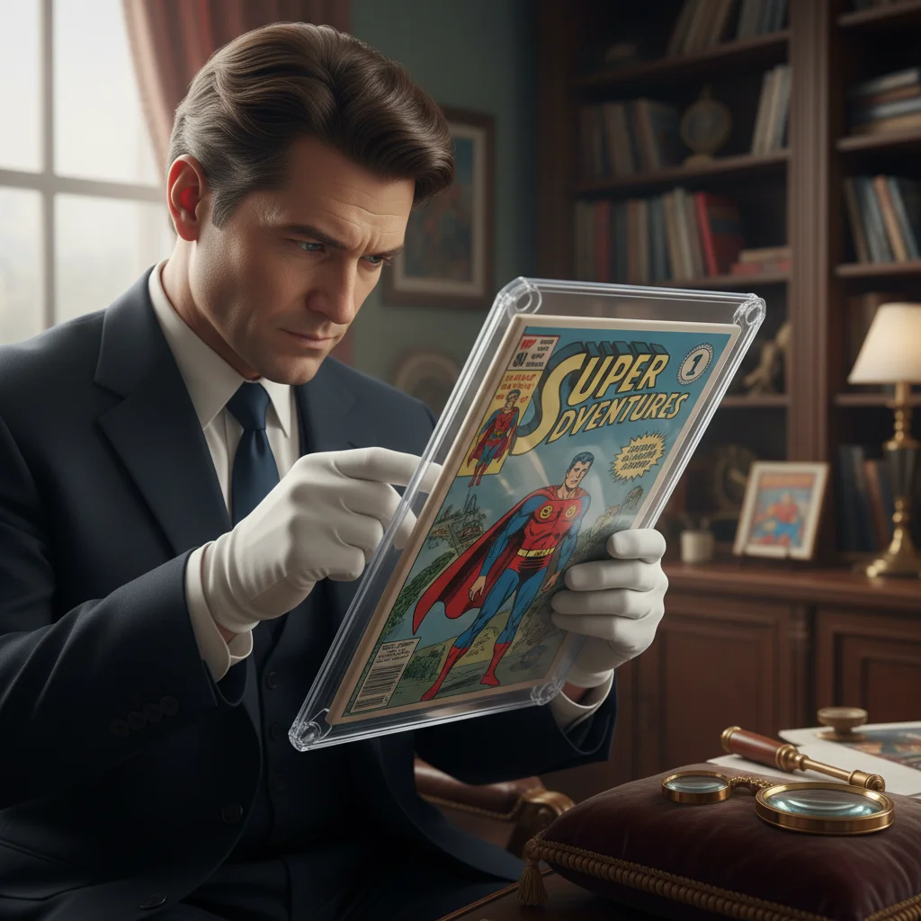 Collector in white gloves inspecting a rare, sealed first-edition comic book with a classic superhero cover.