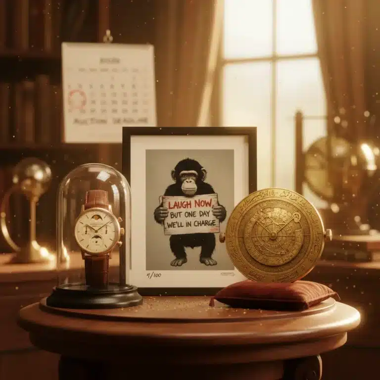 Three rare limited edition collectibles, including a vintage watch, art print, and historical artifact, glowing with investment potential, against a backdrop of a November 2026 calendar.