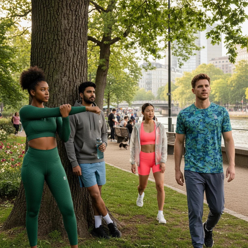 People wearing recycled polyester activewear in an urban park setting