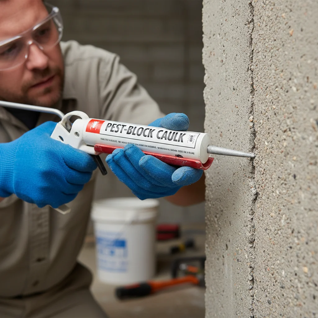 Homeowner sealing foundation crack for pest control
