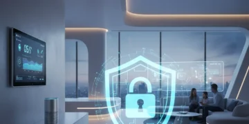 Secure smart home interior with digital shield protecting various connected devices.
