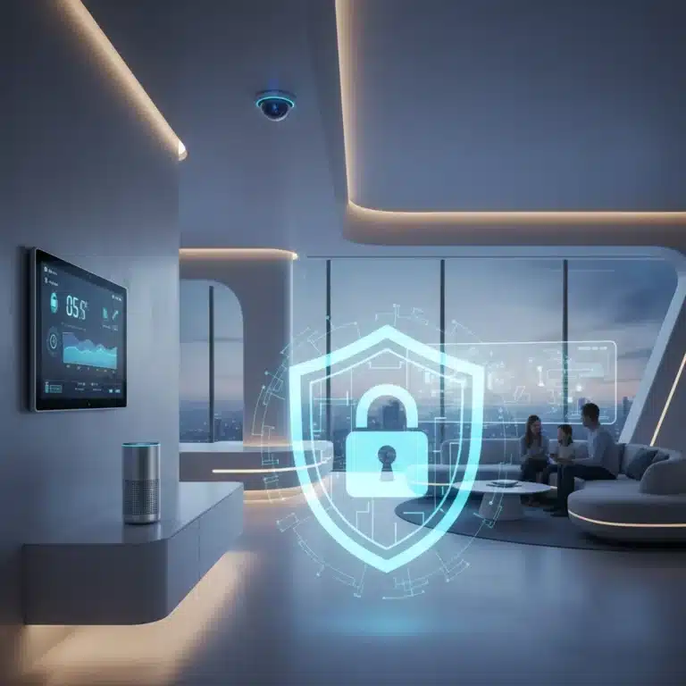 Secure smart home interior with digital shield protecting various connected devices.