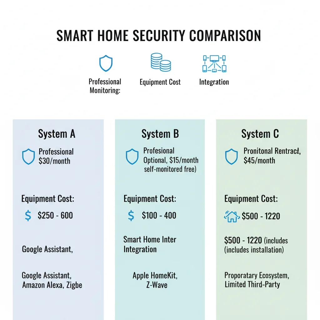 Infographic comparing features of three leading smart home security systems.