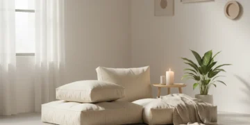 Serene home interior with yoga mat and candle, perfect for a wellness retreat
