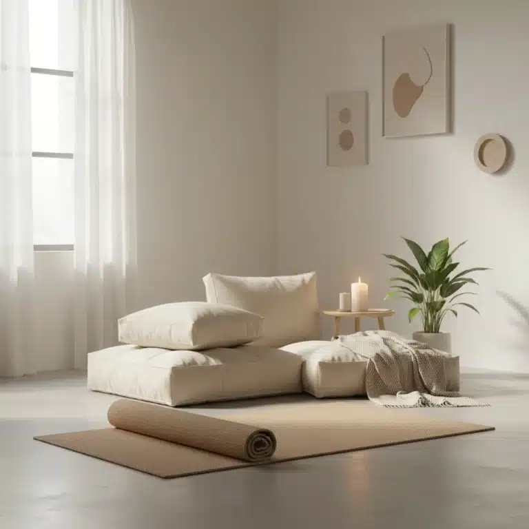 Serene home interior with yoga mat and candle, perfect for a wellness retreat