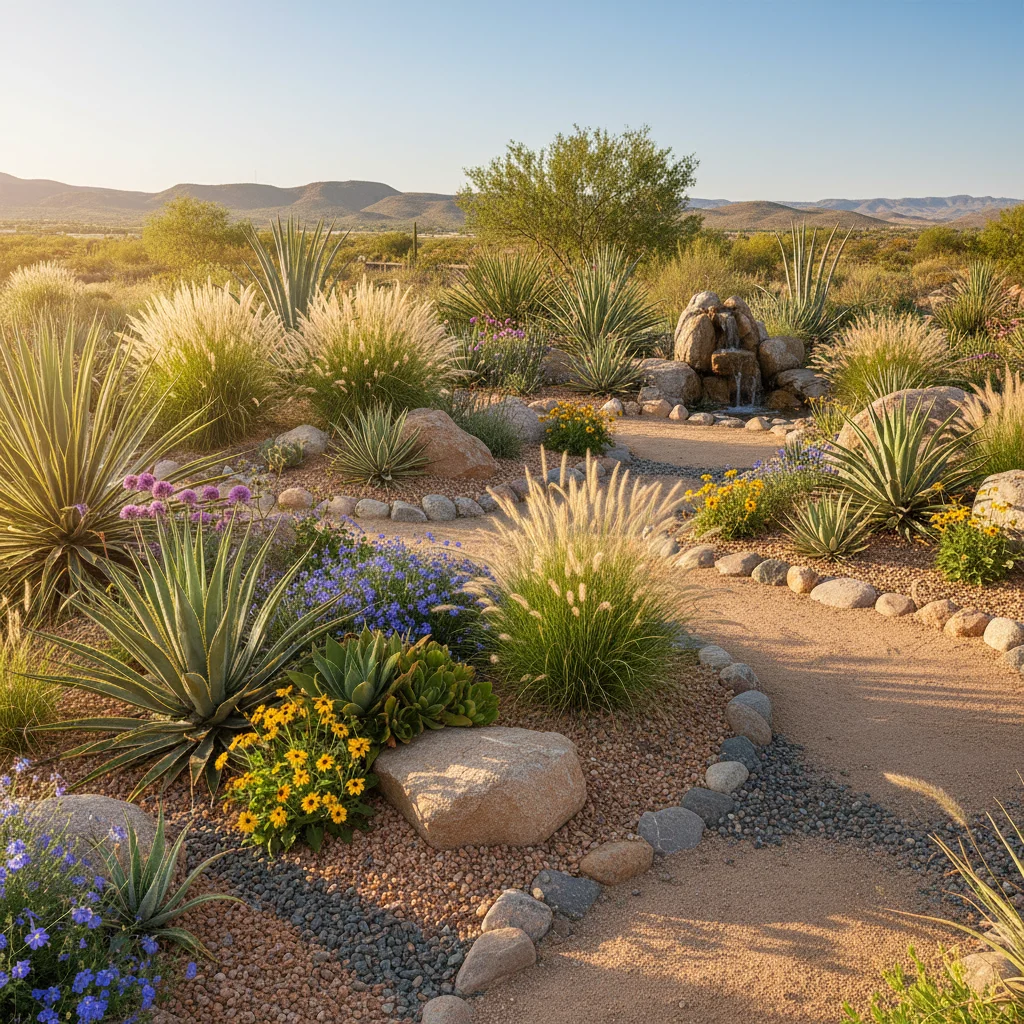 Serene xeriscaped garden with drought-tolerant plants.